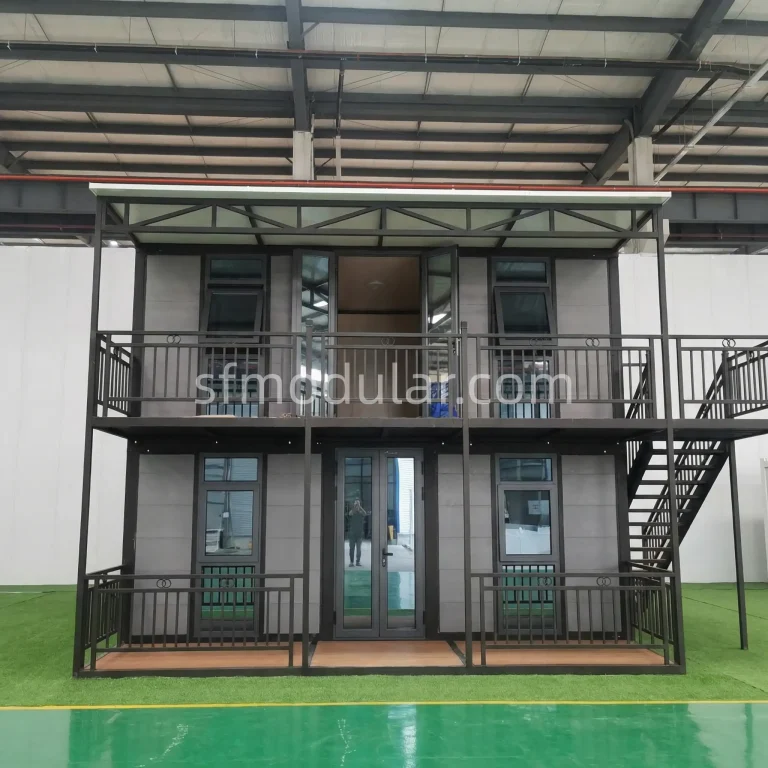 Front facade of a luxury 2 story expandable tiny home with integrated balconies, a premier expandable tiny house for sale by SUNFINE