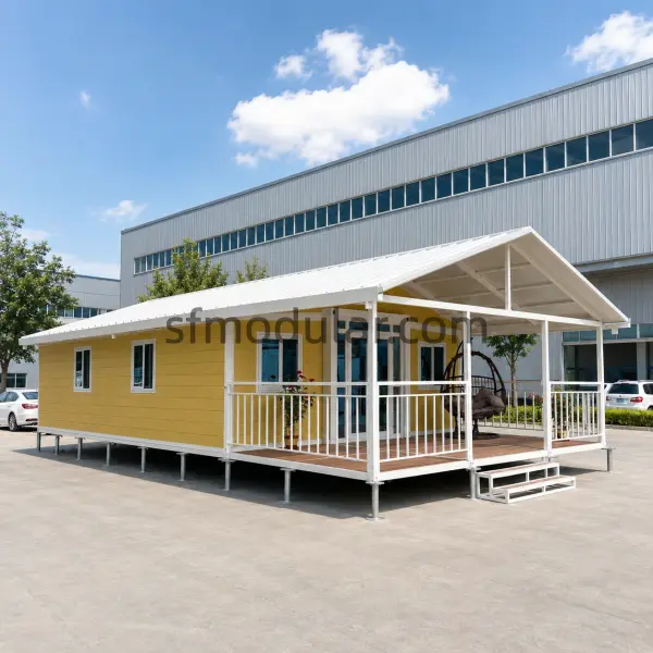 30ft expandable house with gable roof, porch and terrace in factory yard