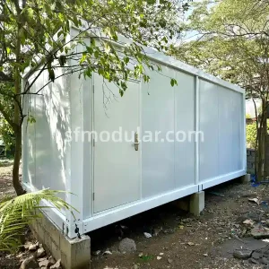 Exterior view of a container office with bathroom for temporary project site use