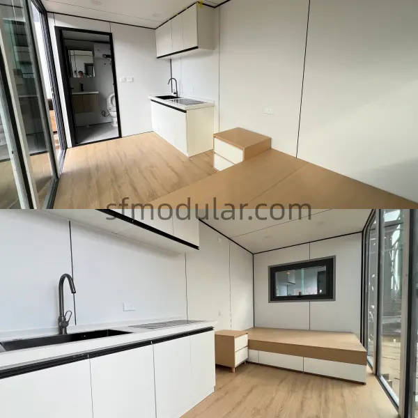 Apple cabin interior kitchen and bathroom