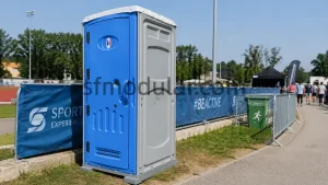 Portable toilet for events placed near a sports venue with temporary fencing, public walkway, and event crowd control area