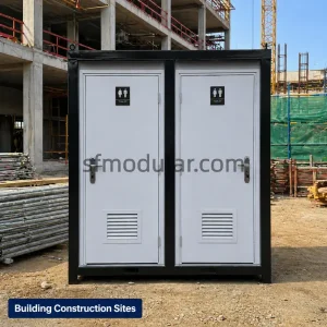 Portable toilets for construction site use placed at a building construction project with double toilet rooms and steel frame structure
