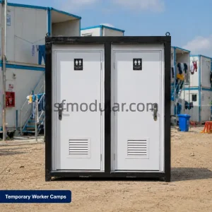 Double portable construction toilet installed in a temporary worker camp with two independent toilet rooms for jobsite sanitation