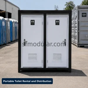 Portable construction toilets displayed in a rental and distribution yard for bulk supply and construction site sanitation projects
