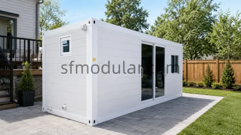 White granny pod for backyard placed on a paved patio with lawn and garden fence