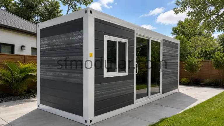 Dark gray backyard granny pod installed in a residential backyard with sliding glass door and window
