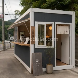 container coffee shop outdoor café design with side service window, custom branding and customer entrance