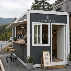 custom container coffee shop used as a roadside café with signage, menu board and serving window