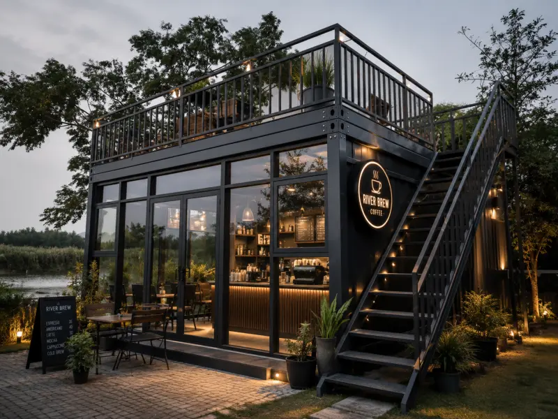 modular-coffee-shop-night-cafe-design modular coffee shop design rendering with glass wall, illuminated signage, exterior staircase and rooftop terrace
