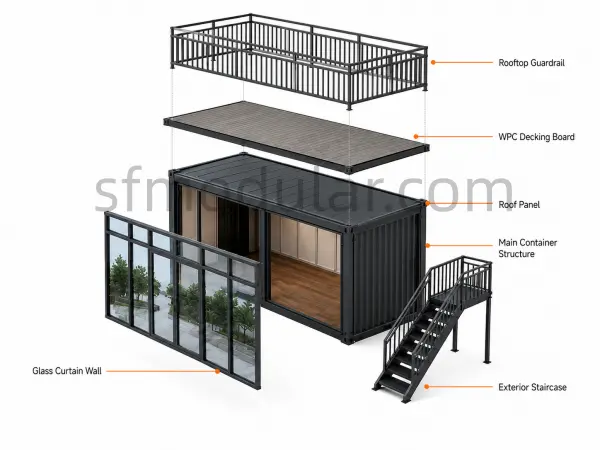 dvanced custom container coffee shop exploded view with glass curtain wall, WPC decking board, rooftop guardrail and exterior staircase