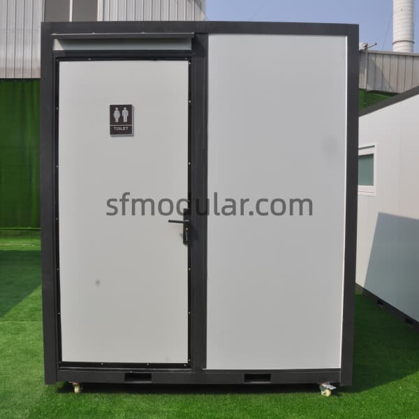 Portable toilet with shower front exterior view with composite panel door