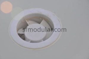 Exhaust fan detail for portable toilet with shower bathroom unit