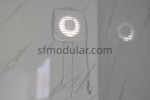 Exhaust fan detail for portable toilet with shower bathroom unit