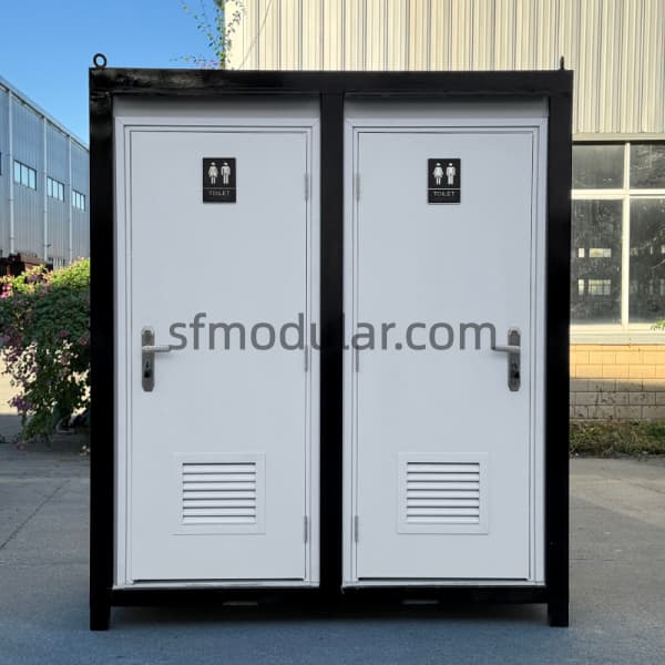 Double portable toilets for construction site use with two independent toilet doors and steel panel structure