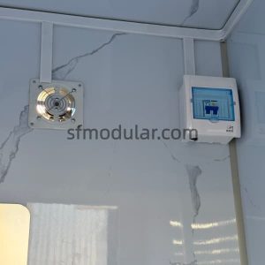 Mobile toilet unit interior electrical box and ventilation system for temporary sanitation use