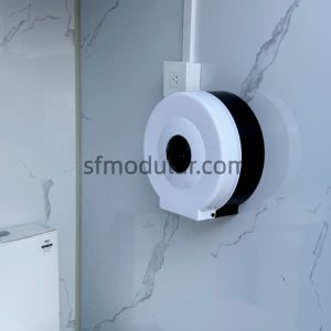 Mobile toilet unit toilet paper holder detail for portable restroom interior configuration