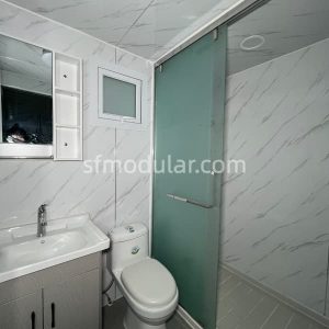Bathroom interior of a backyard granny pod with toilet, basin, mirror, and shower area