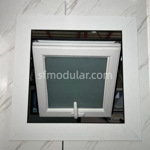 Bathroom window detail inside a granny pod for backyard use