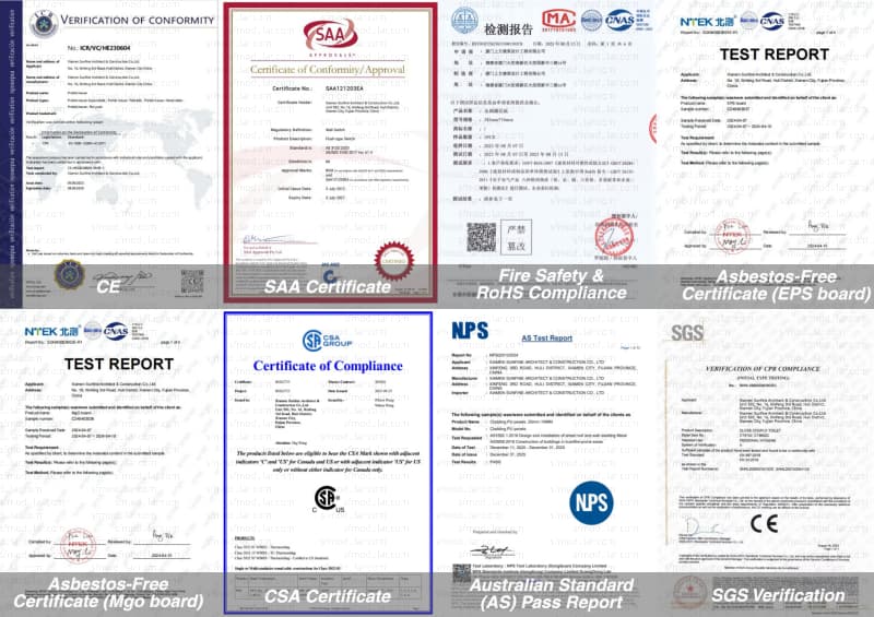 Sunfine prefab housing certifications including CE SAA Fire Safety RoHS Asbestos Free CSA Australian Standard and SGS verification