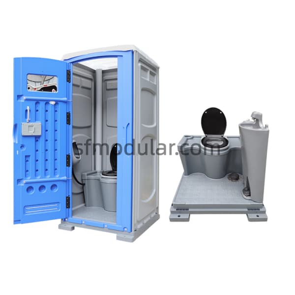Portable toilet for events with open blue door, showing compact toilet unit and internal layout