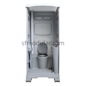 Interior view of standard portable toilet with toilet seat and internal layout