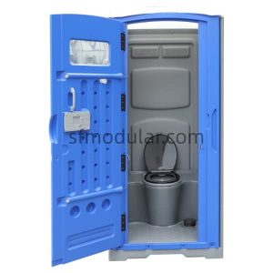 Blue standard portable toilet with door open showing internal layout