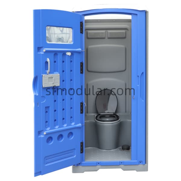 Blue standard portable toilet with door open showing internal layout