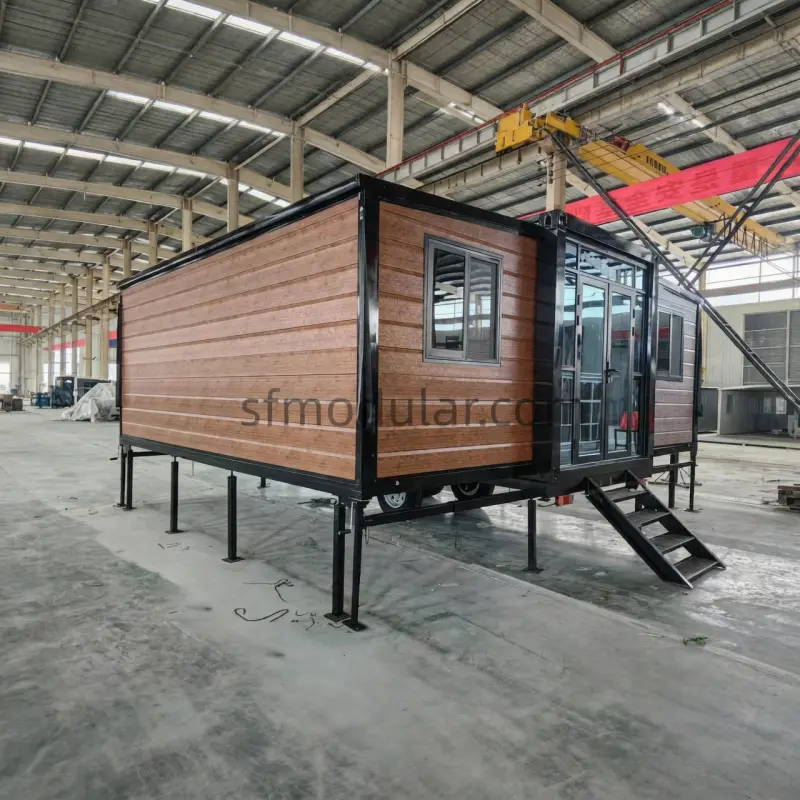 20ft expandable tiny home on wheels front view with double wing structure