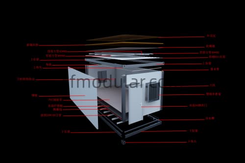 Exploded view of container house structure showing layers and materials