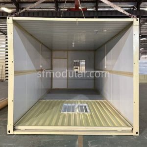Interior structure of foldable container house showing steel frame and modular layout