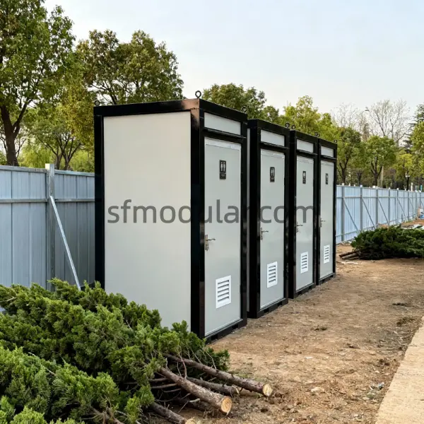 Mobile toilet unit outdoor row display for event rental and temporary public sanitation