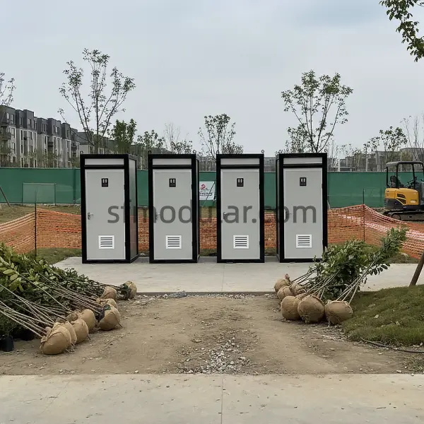 Mobile toilet unit installed in a public outdoor area for temporary restroom service