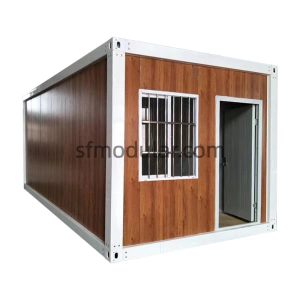 Wood grain modular backyard studio home with one door and window