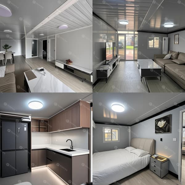 Interior collage of a luxury expandable container house showing the living area, modern kitchen, and comfortable bedroom