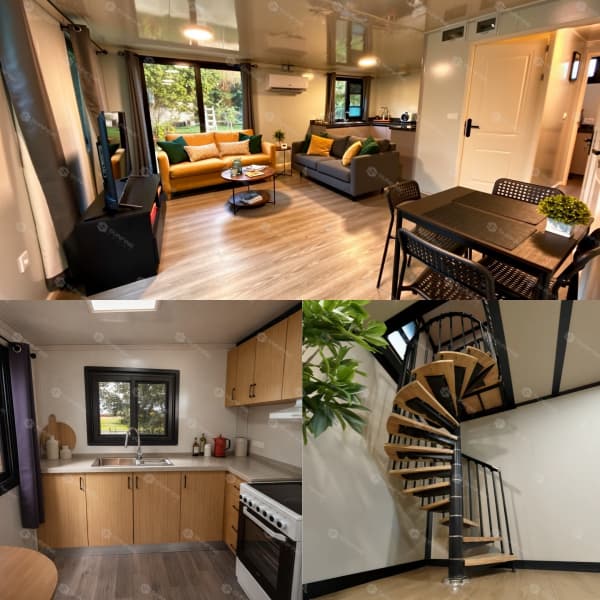 Real-life customer feedback photo showing a cozy, fully furnished living room inside an expandable container house.