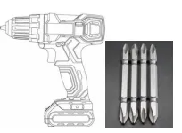 An electric hand drill diagram alongside a set of four heavy-duty Phillips screwdriver bits required for securing panels during prefab expandable house assembly.