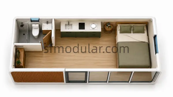 20ft apple cabin 3D interior layout with bathroom kitchen and bedroom