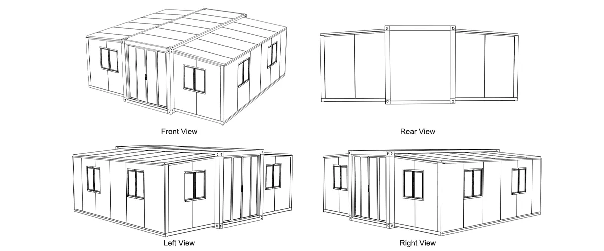 Technical line drawings and blueprints of a 20ft folding expandable house by Sunfine, displaying the architectural design from the front view, rear view, left view, and right view.