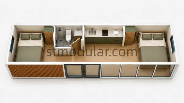30ft apple cabin 3D interior layout with two beds bathroom and kitchen