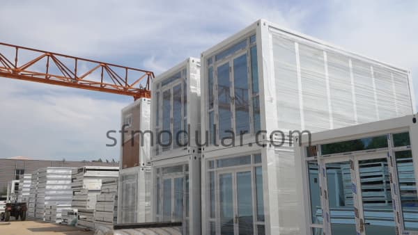 Portable cabins prepared for container loading and factory shipping
