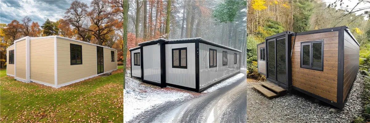 Step-by-step installation process of a modular expandable container house, featuring 20ft, 30ft, and 40ft prefabricated ADU housing models with modern blue and black trims by Sunfine.