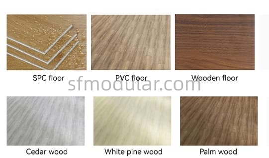 Custom expandable container house flooring options including SPC PVC and wood floor