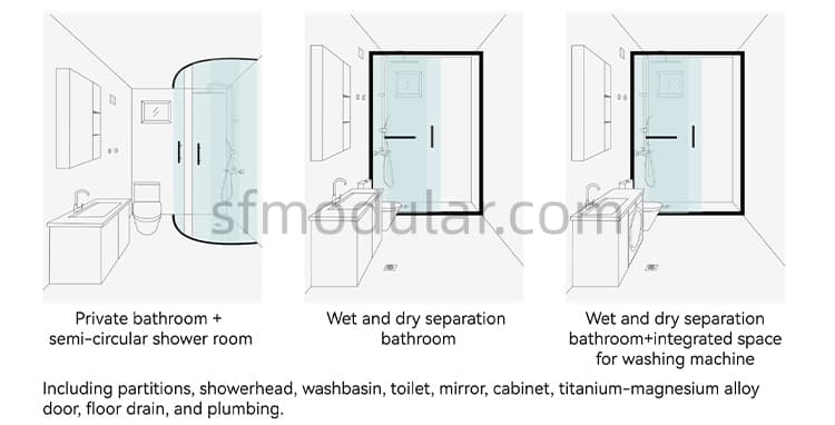 Custom expandable container house bathroom options with shower toilet washbasin and plumbing