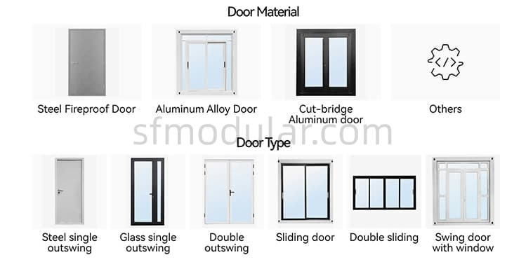 Custom expandable container house door options including steel aluminum glass and sliding doors