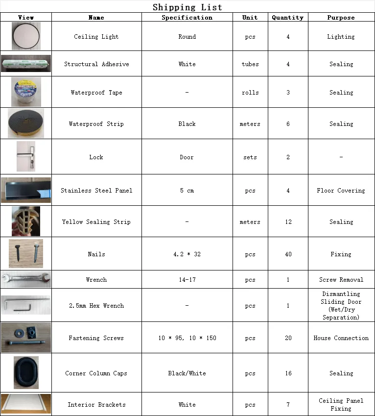 A detailed manufacturing shipping list table for an expandable container house installation, showing accessories such as ceiling lights, structural adhesive, waterproof tape, locks, nails, and fixing brackets by Sunfine.