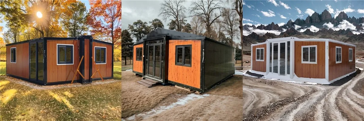 Step-by-step installation process of a modular expandable container house, featuring 20ft, 30ft, and 40ft prefabricated ADU housing models with modern blue and black trims by Sunfine.