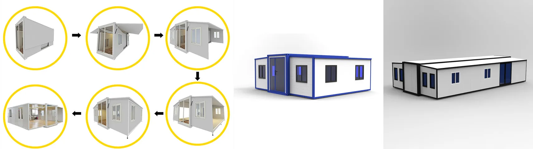 Step-by-step installation process of a modular expandable container house, featuring 20ft, 30ft, and 40ft prefabricated ADU housing models with modern blue and black trims by Sunfine.