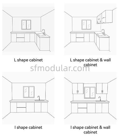 Custom expandable container house kitchen cabinet options for L shape and I shape layouts