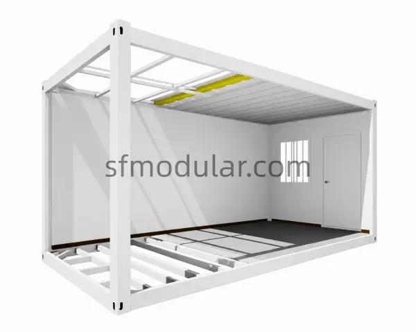 Flat pack container house open frame structure showing steel frame, wall panels, roof system, floor joists, door and window