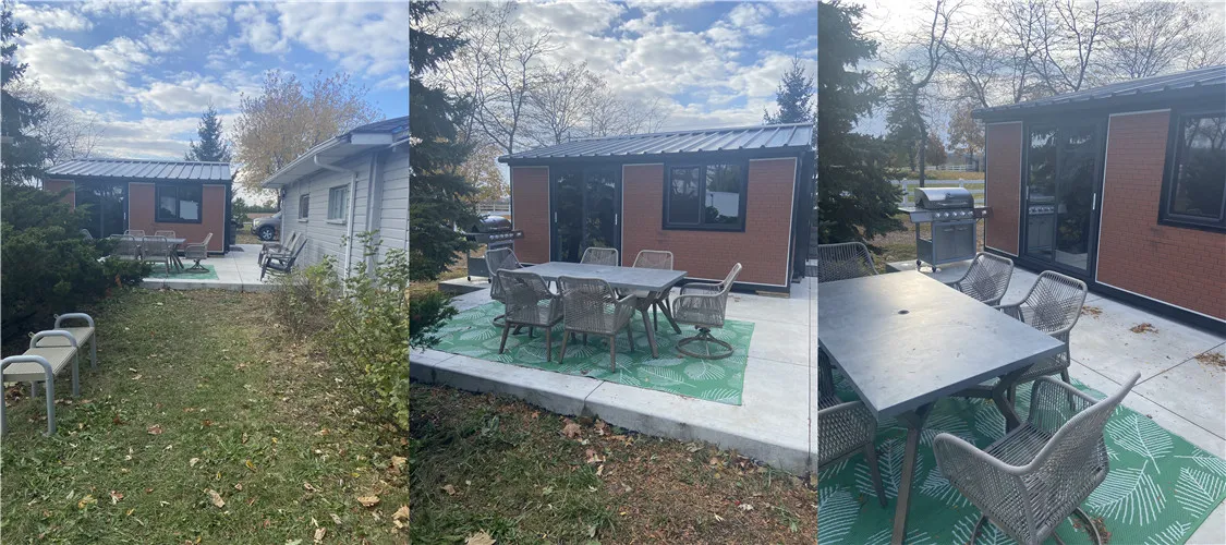 Real case study of a modern prefab expandable house installed as a backyard ADU, featuring brick-pattern exterior cladding, sliding glass doors, and an outdoor patio dining area by Sunfine.